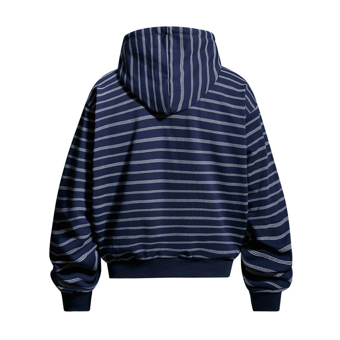 Navy striped full-zip hoodie shown from the back with a hood, ribbed hem, and cuffs