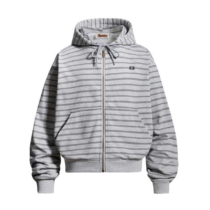 Light gray striped full-zip hoodie shown from the front with drawstring hood and kangaroo pockets