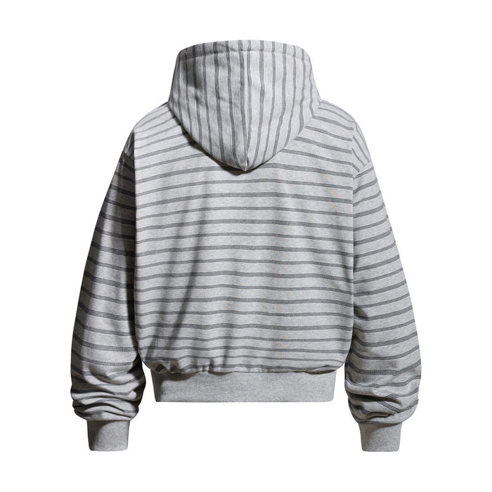 Light gray striped hoodie shown from the back with a hood and ribbed hem and cuffs