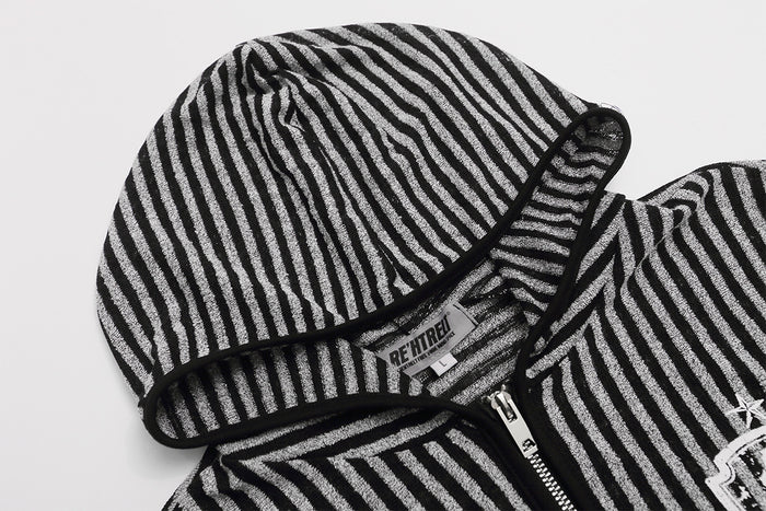 Striped Zip-Up Hoodie with Crest Embroidery & Sleeve Graphics