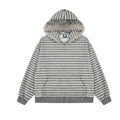 Grey and cream horizontal striped zip-up hoodie with faux fur trim hood, front and back view