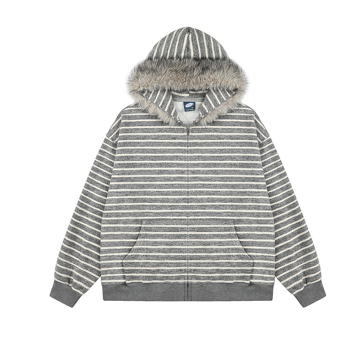 Grey and cream horizontal striped zip-up hoodie with faux fur trim hood, front and back view