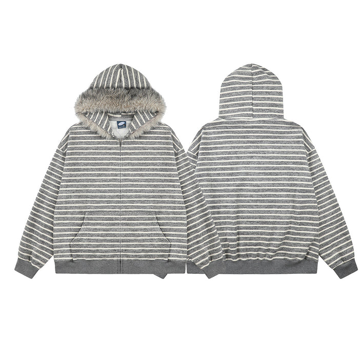 Gray and cream striped zip-up hoodie shown from the front and back with a faux fur trimmed hood