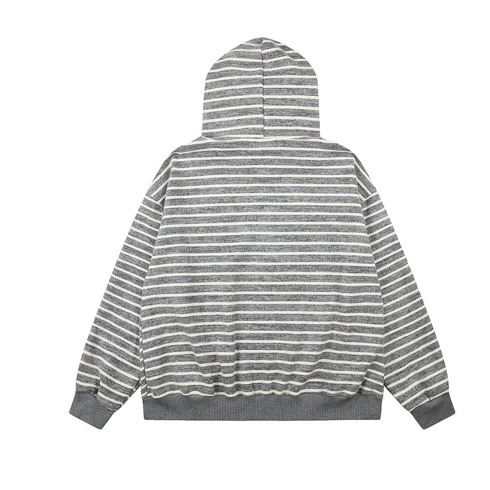 Back view of a gray and cream striped hoodie with a hood, ribbed hem, and ribbed cuffs