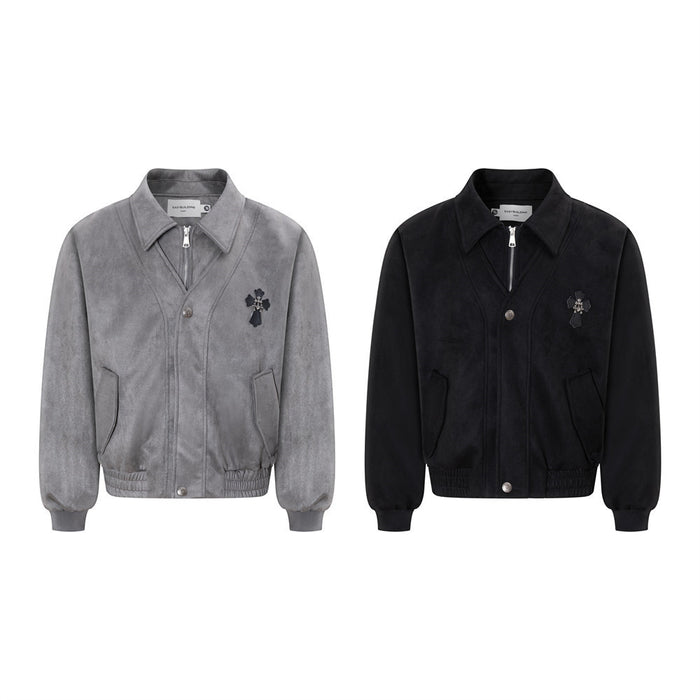 Gray and black collared bomber jackets shown from the front with cross patches, zip closures, and ribbed cuffs