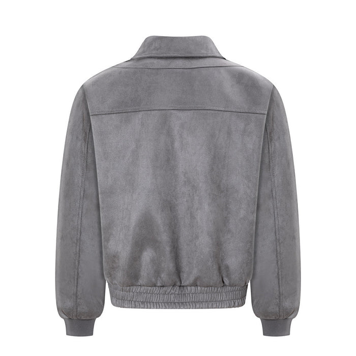 Gray bomber jacket shown from the back with a collared neckline, seam across the shoulders, and ribbed hem