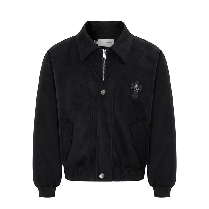 Black collared bomber jacket front with cross patch, zip closure, snap button, and angled side pockets