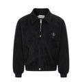 Black collared bomber jacket front with cross patch, zip closure, snap button, and angled side pockets