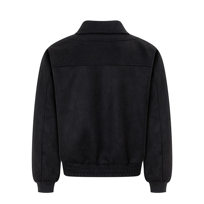 Black bomber jacket shown from the back with a collared neckline, shoulder seam, and elastic ribbed hem