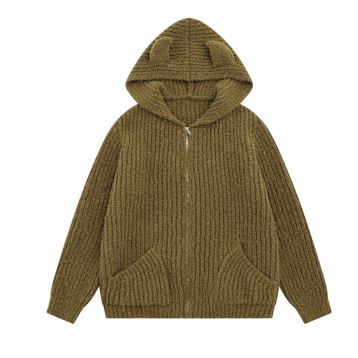Oversized ribbed knit zip-up hoodie with bear ear hood in olive green, front and back view