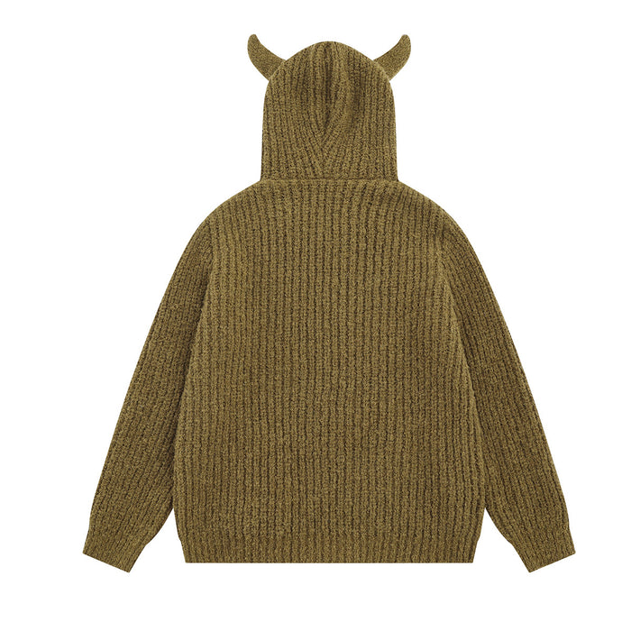 Back view of the olive-brown knit hoodie showing bear-ear hood and ribbed sweater texture