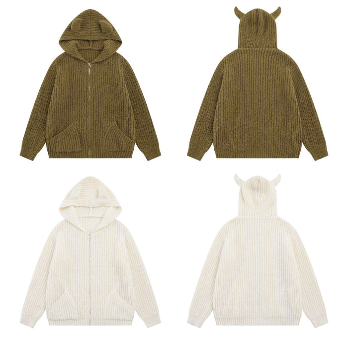 Four-view product layout showing cream and olive-brown knit hoodies from front and back