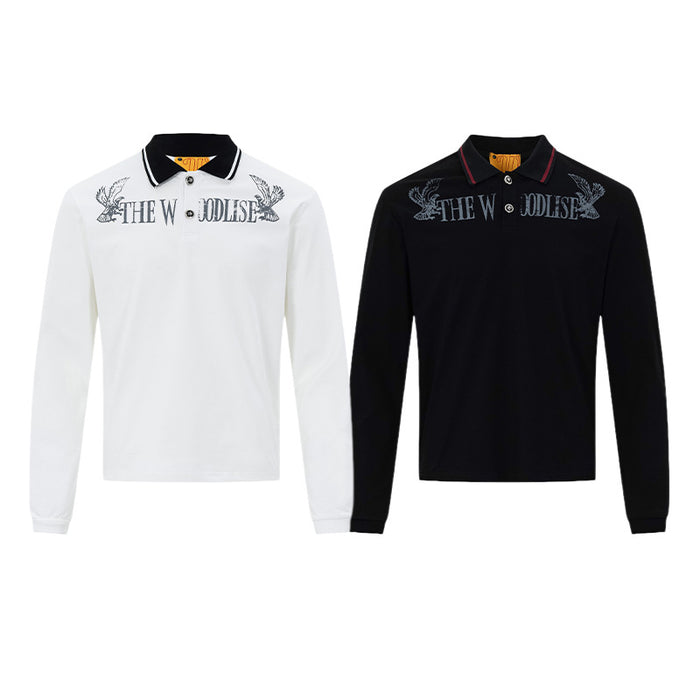 White and black long-sleeve polo shirts with black collars and eagle graphic lettering across the chest
