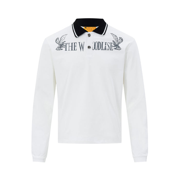 The Woodlise long-sleeve polo shirt with eagle chest graphic and contrast collar, shown in white and black colorways
