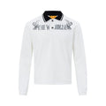 The Woodlise long-sleeve polo shirt with eagle chest graphic and contrast collar, shown in white and black colorways