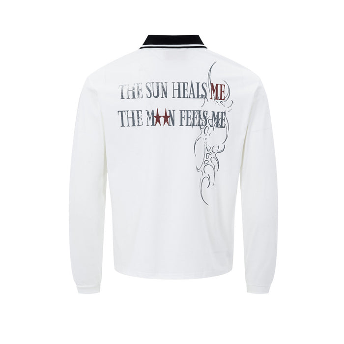 Back view of a white long-sleeve polo shirt with printed text and decorative graphic on the upper back