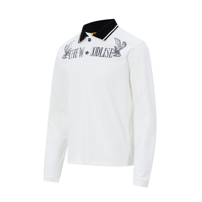 Angled front view of a white long-sleeve polo shirt with black collar and eagle graphic chest print