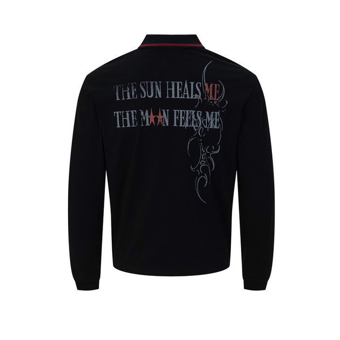 Back view of a black long-sleeve polo shirt with gray and red printed text and decorative graphic