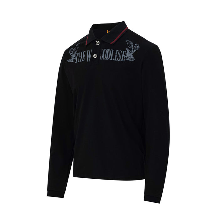 Angled front view of a black long-sleeve polo shirt with red-trimmed collar and chest graphic