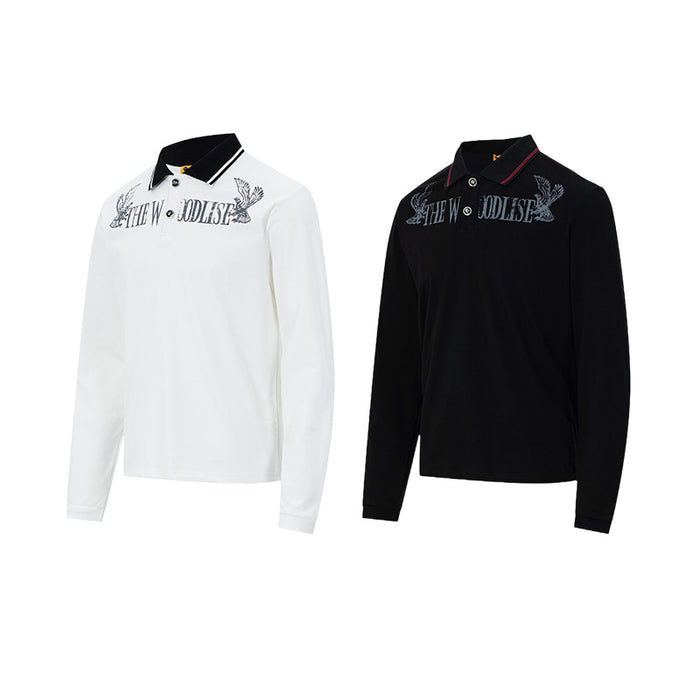 White and black long-sleeve polo shirts shown side by side with contrasting collars and chest graphics