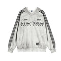 Oversized grey tie-dye zip-up hoodie with triple black stripe sleeves and gothic graphic chest print, front and back view