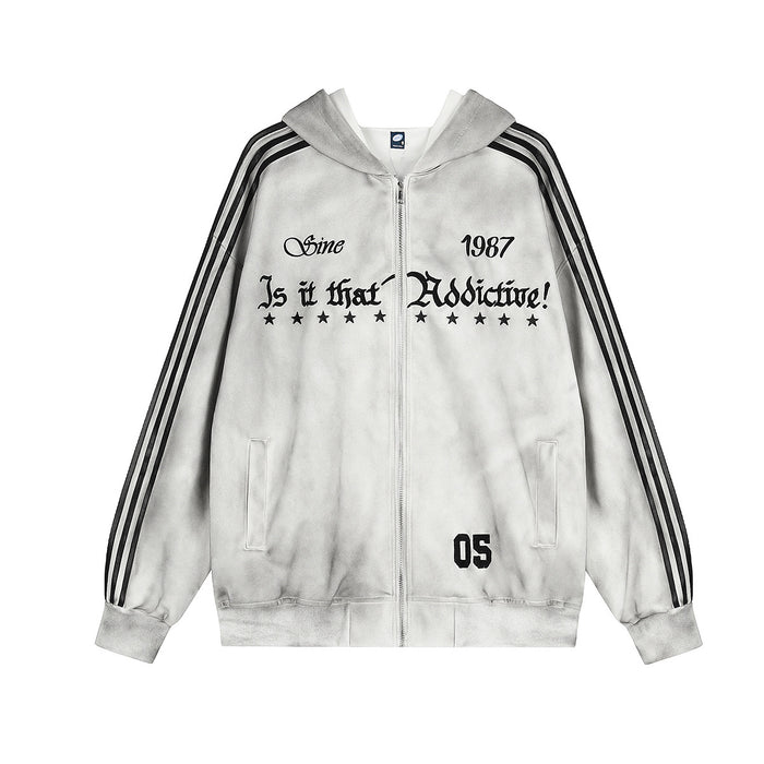 Oversized grey tie-dye zip-up hoodie with triple black stripe sleeves and gothic graphic chest print, front and back view