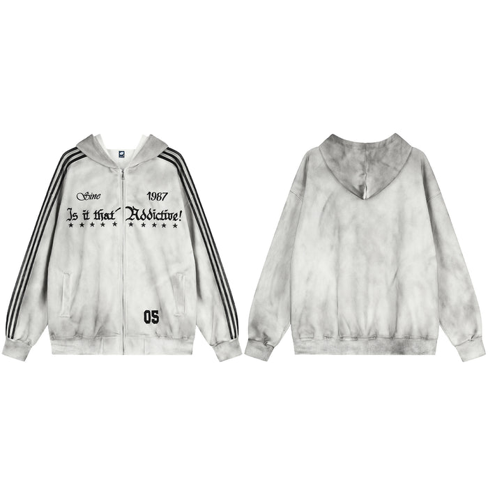 Gray tie-dye zip-up hoodie shown front and back, with black striped sleeves and gothic chest graphics