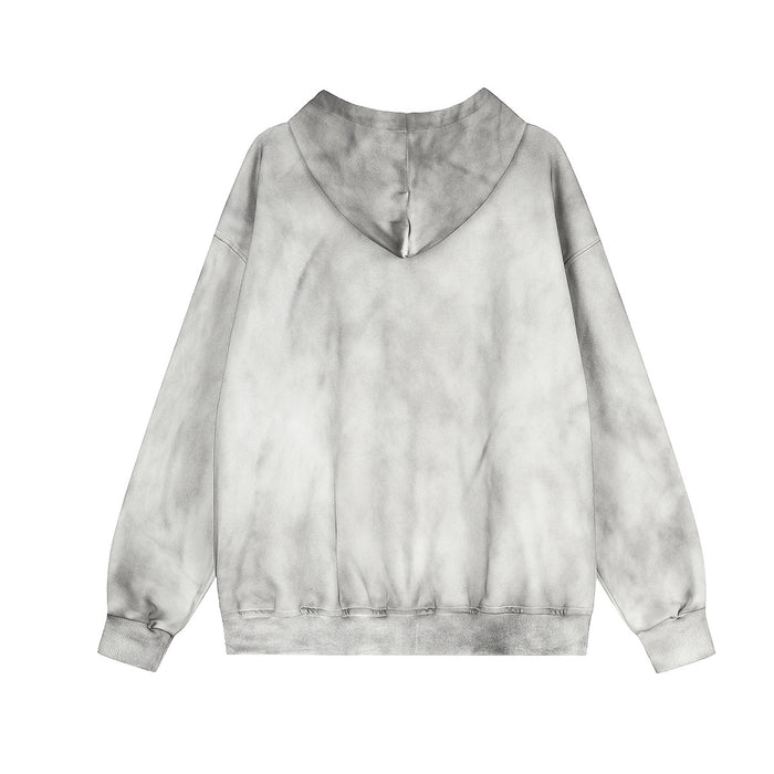 Back view of a gray tie-dye zip-up hoodie with a plain back, hood, long sleeves, and ribbed hem