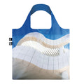 A reusable tote bag featuring the Getty Center Museum front entrance in Los Angeles, with a zippered pouch for storage.