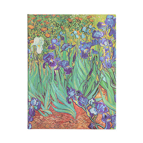 A hardcover journal with a detailed colorful floral pattern, reminiscent of Vincent van Gogh's 'Irises' painting.