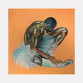 The artwork 'Untitled' by Brandon Gastinell depicts a graceful dance figure in a flowing turquoise tutu against a warm peach background. The oil pastel on canvas creates rich texture and dynamic movement through expressive brushstrokes. The composition captures a powerful pose with elegant curves and dramatic angles in a 36x36 inch format.