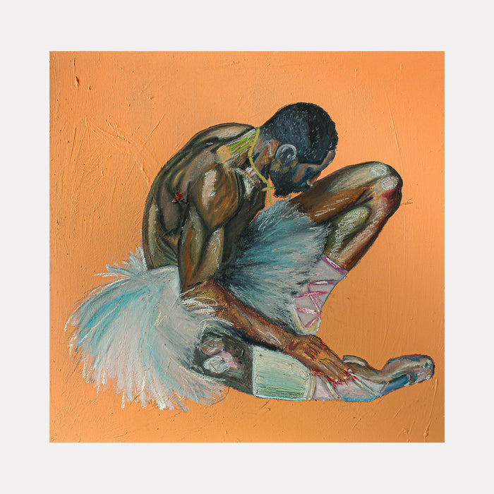 The artwork 'Untitled' by Brandon Gastinell depicts a graceful dance figure in a flowing turquoise tutu against a warm peach background. The oil pastel on canvas creates rich texture and dynamic movement through expressive brushstrokes. The composition captures a powerful pose with elegant curves and dramatic angles in a 36x36 inch format.