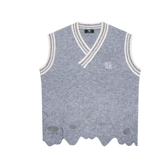 Grey V-neck knit sweater vest with contrast cream stripe trim, puppy embroidery, and irregular scalloped hem