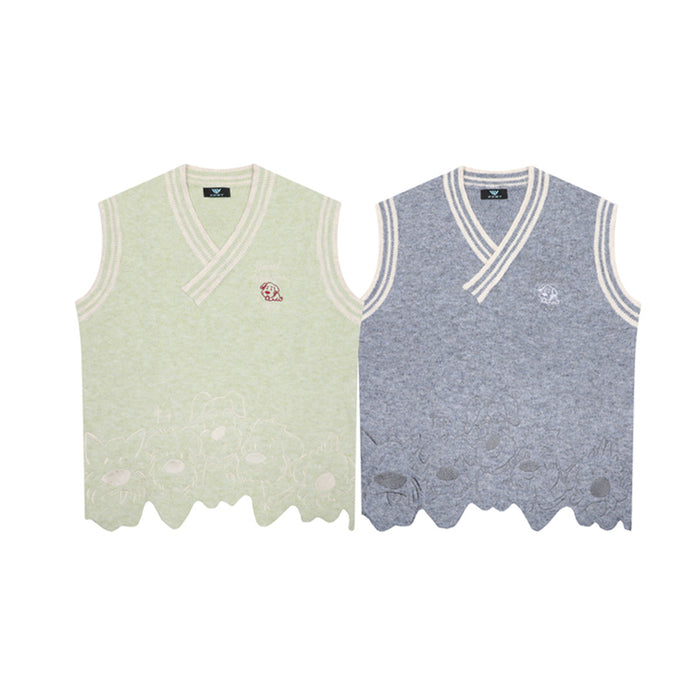 Front view of pale green and blue-gray knit sweater vests with striped V-necks, puppy embroidery, and scalloped hems