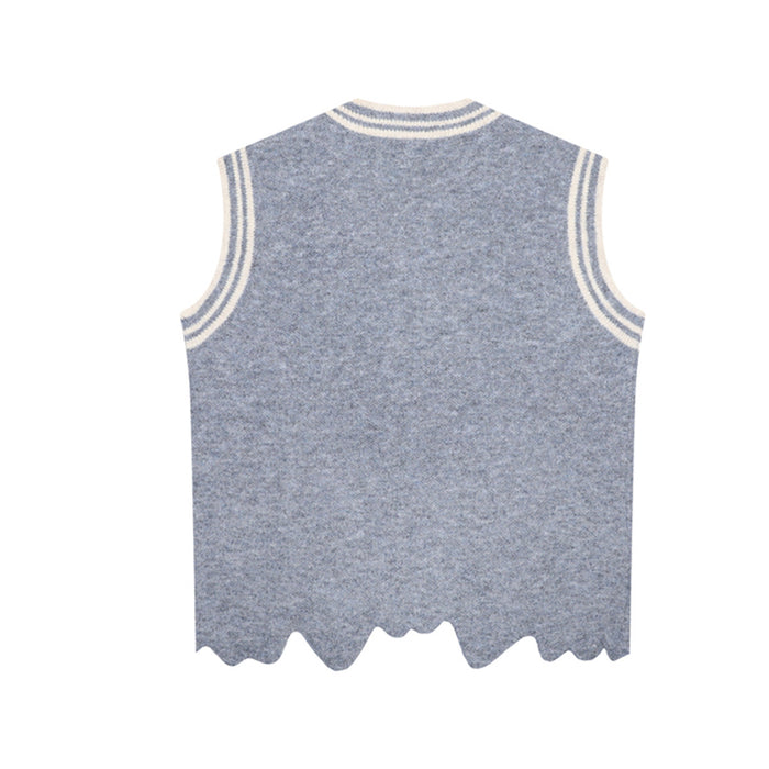 Back view of the blue-gray knit sweater vest with striped neck and armhole trim and an irregular scalloped hem
