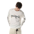 Men's white v neck long sleeve shirt with all-over polka dot print, grey triple-stripe sleeve panels, and BlackEnergy graphic