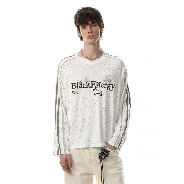 Model wearing a white long-sleeve V-neck shirt with gray star print, side stripes, and Black Energy chest graphic