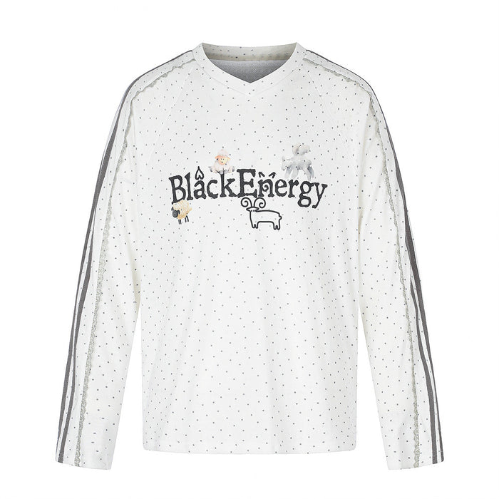 Front view of a white long-sleeve V-neck shirt with gray star print, side stripes, and Black Energy graphic