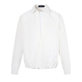 White oversized long sleeve pullover shirt with pointed collar and faux layered V-neck front