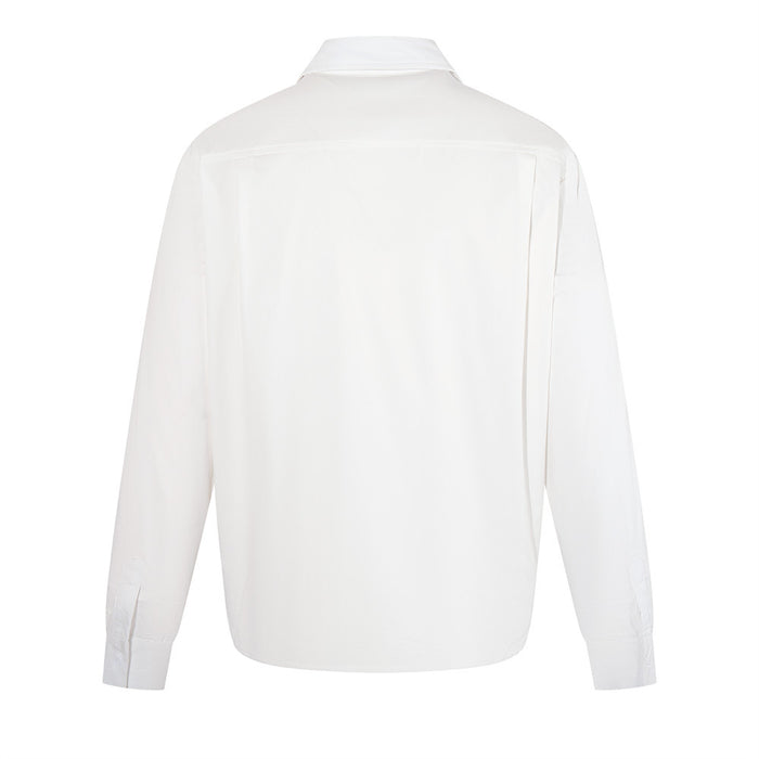 White long sleeve pullover shirt shown from the back with straight hem