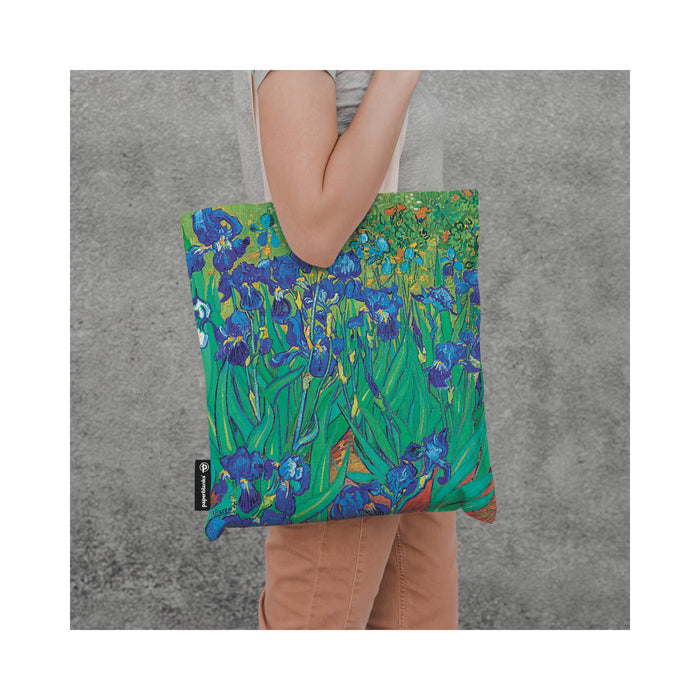 Model holding Van Gogh Irises Canvas Tote Bag