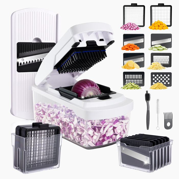 A multi-functional vegetable chopper and slicer set with a white plastic main unit, black cutting blades, a clear container, and several accessories including detachable blade grids, a brush, a cleaning tool, and a peeler. Small inset images on the right show example food outputs.