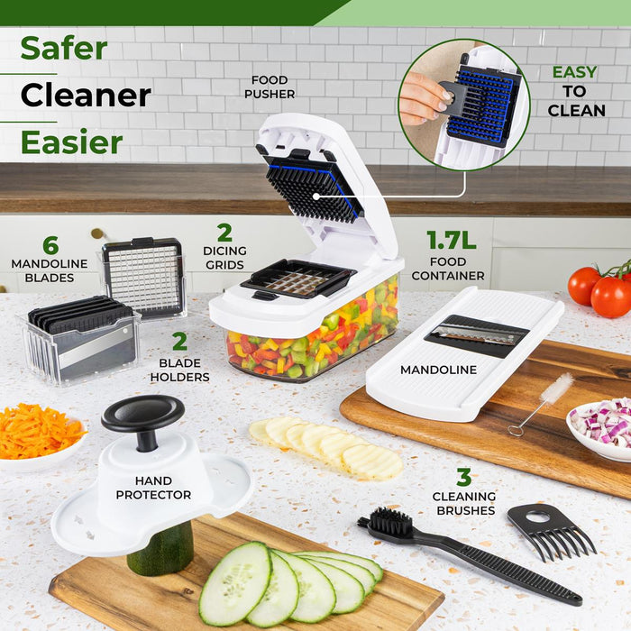 A vegetable chopper, dicer & mandoline grater set shown with multiple included accessories and usage context. The main product is a white plastic mandoline with a clear food container and black cutting blade; surrounding accessories include mandoline blades, blade holders, a hand protector, cleaning brushes, and a separate slicing component.