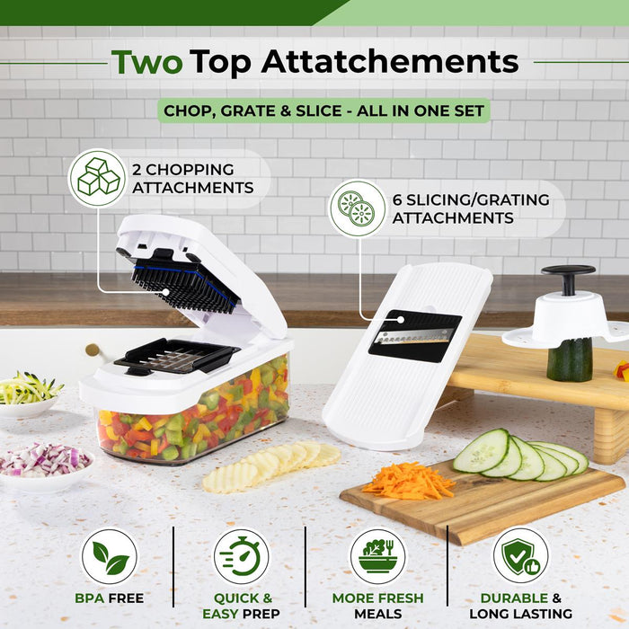 BPA free white vegetable, chopper grater & slicer with two top attachments for chopping vs slicing fresh healthy meals.