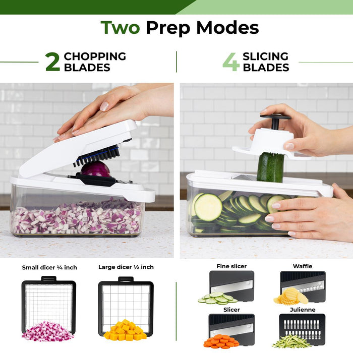 Vegetable chopper wuth two prep modes and multiple blades including dicers and slicers