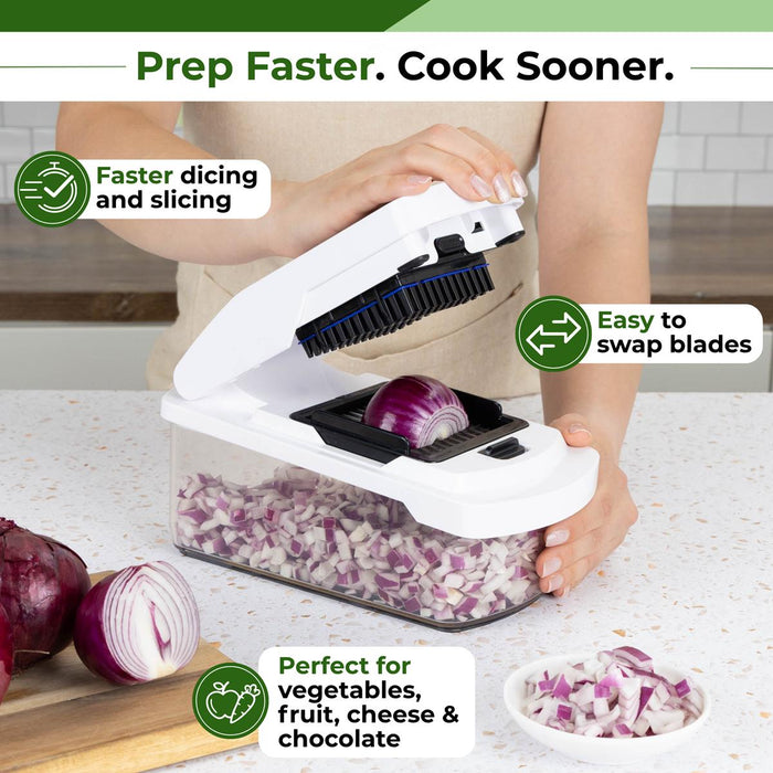 Prep faster with the vegetable chopper and its easy swap blades perfect for vegetables, fruit, cheese and chocolate