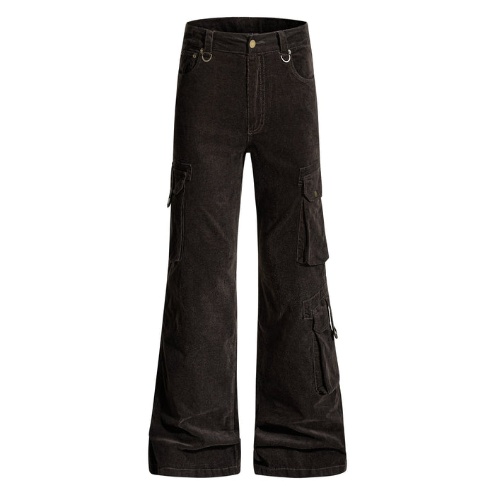 Black flared cargo pants with front pockets and ring hardware, front view