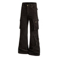 Black flared cargo pants with side flap pockets, front angled view