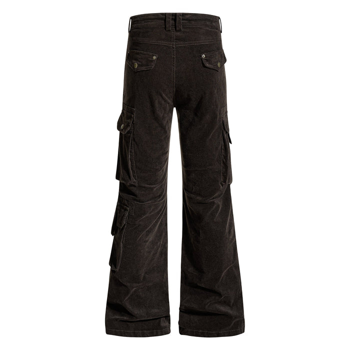 Black flared cargo pants, back view with rear flap pockets