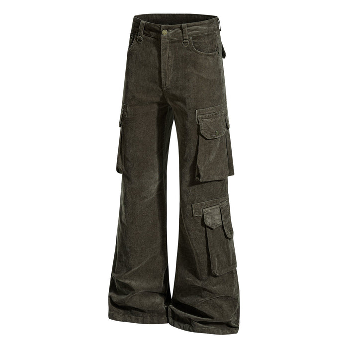 Olive green flared cargo pants with side flap pockets, front angled view